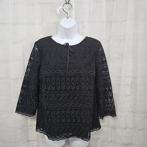 NWOT Talbots Black Crochet Lace Floral Sheer Blouse Fairy Boho Goth MP - Picture 1 of 15